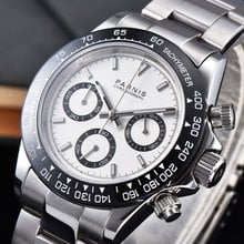 Relógio parnis com mostrador branco, 39mm, cristal de safira, sólido, cronógrafo completo, quartzo, masculino 2024 - compre barato