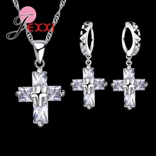 Conjuntos de joyas de plata de ley 925, collar con colgante en forma de cruz y 1 par de pendientes de aro, regalo de aniversario 2024 - compra barato