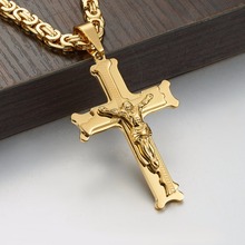Collar con colgante de cruz de Jesús cristiano para hombre, cadena Bizantina de eslabones gruesos, collar de acero inoxidable, joyería de regalo de 18-30" 2024 - compra barato