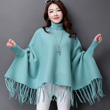 FXFURS 2020  Autumn Winter Sweaters Poncho Turtle Neck Batwing Sleeve Tassels Hem Pullover and Sweater Loose Oversized Jumper 2024 - buy cheap