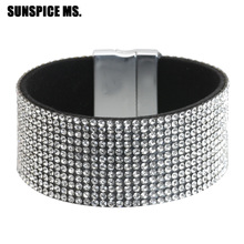 SUNSPICE pulsera MS joyería brillante del Rhinestone de las mujeres de cuero de ancho encanto pulsera de moda Primavera Mujer Accesorios 2018 2024 - compra barato