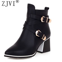 ZJVI-Botines de tuerca para mujer, botas de otoño e invierno, con hebilla de Metal y punta estrecha, color negro y azul 2024 - compra barato