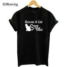 Женская хлопковая Футболка с принтом «Спаси кошку спаси девять жизней», повседневная забавная футболка для девушек и девушек, хипстерская футболка Tumblr, Прямая поставка 2024 - купить недорого