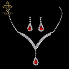 Treazy charmoso conjunto de joias de noiva em formato de v, colar de cristal vermelho em forma de lágrima, joias para casamento, presentes para festas femininas 2024 - compre barato