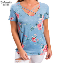 Baharcelin Summer Cotton Tops Tees Floral Printed Short Sleeve Tees Woman Casual loose shirt Novelty Basic Shirt Tops T shirts 2024 - buy cheap