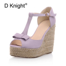 Summer Peep Toe Women Wedge Sandals Sweet Bow Straw Platform Lolita Shoes Ankle T-Strap High Heels Gladiator Sandals For Woman 2024 - buy cheap