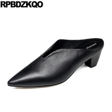 Genuine Leather Elegant Shoes Women Mules Slipper Pointed Toe Black Medium Heels High Thick Pumps Ladies Size 4 34 Office 2021 2024 - buy cheap