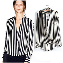 Autumn Fashion Women Long Sleeve Blouse Deep V-neck Black and White Vertical Striped Shirt  Ladies Casual Chiffon Shirt Tops 2024 - buy cheap