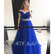 Lindo vestido de noite azul royal, cristais de glitter, tule fora do ombro, uma linha, vestidos longos de baile, 2019, barato, vestido de festa feminino 2024 - compre barato