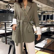 2019 Vintage Patchwork Lace Up Women Jacket Blazer Retro Loose Pockets Waist Suit Coat Autumn Streetwear Outwear C95603Z 2024 - buy cheap