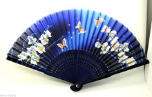 Pretty Silk Bamboo Folding Fan Blue Flowers & Butterfly Wedding Party Decor 2024 - buy cheap