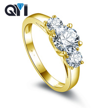 QYI-anillo de compromiso de boda para mujer, sortija de oro amarillo sólido de 14K, tres piedras, corte redondo, Diamante de imitación 2024 - compra barato