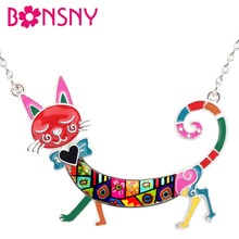 Bonsny Enamel Alloy Cartoon Walking Cat Necklace Pendant Choker Chain Fashion Jewelry For Women Girls Teens Gift Drop Shipping 2024 - buy cheap