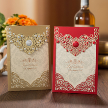 Convites e envelopes para casamento, 50 unidades, vermelho, dourado, coroa, flora, cartões de visitas, personalizado, evento de casamento, decoração de festa 2024 - compre barato