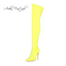 Saltos stilettos femininos da moda floridos, sapatos elegantes de bico fino, amarelo sobre o joelho elástico coxa alto 43 2024 - compre barato