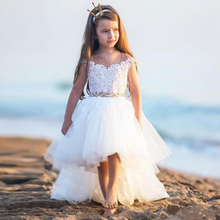 Elegante vestido blanco de flores para niña, Apliques de encaje sin mangas, vestido de cola pequeña para boda, volantes, vestido de primera comunión 2024 - compra barato