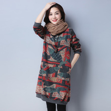 Fashion 2019 New Autumn Women Dresses Casual Loose Cotton Thick Dress Winter Woolen Long Sleeve O-Neck Print Vintage Dress 2024 - buy cheap