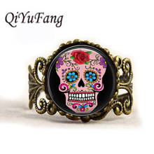 QiYuFang Sugar Skull Glass Cabochon Men Choker ring Women Jewelry Vintage Bronze Chain Day of the Dead Rings Antique Women 2024 - buy cheap