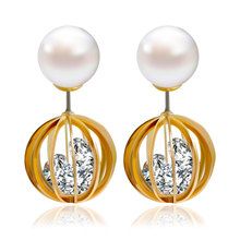 F&U Gold Color with Zircon Crystal Stud Earrings Fashion Popular Double Sided Pearl Stud Earrings E221 2024 - buy cheap