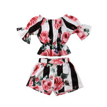Комплект одежды из 2 предметов для маленьких девочек: шифоновый короткий топ в полоску с цветочным рисунком и короткими рукавами + шорты 2024 - купить недорого