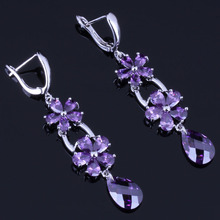 Very Good Flower Water Drop Purple Cubic Zirconia Silver Plated Drop Dangle Earrings V0809 2024 - buy cheap