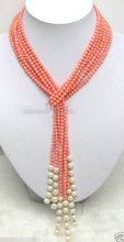 Natural 3-4mm Pink round Coral & White Pearl 3 Strands Necklace Long 50" 2024 - buy cheap