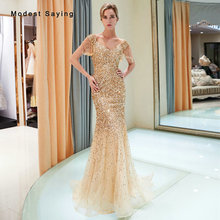 Luxury Gold Mermaid V Neck Beaded Evening Dresses 2019 with Tassel Short Sleeves Formal Long Sparkly Engagement Party Prom Gowns 2024 - buy cheap