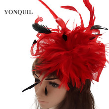 Charming sinamay fascinator headwear pena flor festa mostrar acessórios para o cabelo vintage feminino millinery vermelho cocktail chapéus myq113 2024 - compre barato
