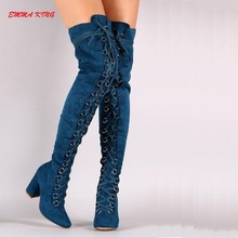 2019 New Cross-Tied Women Over The Knee Boots Pointed Toe Roman Chunky High Heels Shoes Woman Winter Thigh High Long Knight Boot 2024 - buy cheap