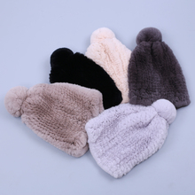 Real rex rabbit fur hat women winter knitted fur beanies cap with fur pom poms brand new thick female cap Elastic Soft warm 2024 - buy cheap