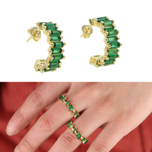 Gold color pave Green baguette cubic zirconia geometric simple eternity cz band ring hoop earring summer classic jewelry 2024 - buy cheap