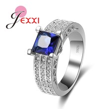 Unisex Style Men Women Trendy Full Rhinestone Finger Rings Square Cut Dark Blue Crystal  Stamp  Silver Rings 2024 - buy cheap