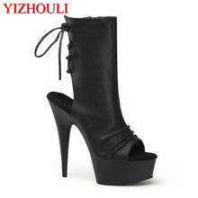 15cm summer sexy women 's peep toe high heel boots fashion Hollow out black lace-up soft leather ankle boots sexy ladies shoes 2024 - buy cheap