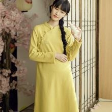 Зимнее женское платье-Ципао с длинным рукавом, винтажное платье-миди, элегантное желтое китайское платье, AA4438, 2019 2024 - купить недорого