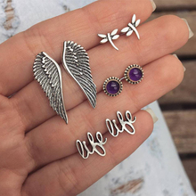 KISSWIFE 4 Pairs Set Bohemian Wings Purple Crystal Stud Earrings Set Silver Color Metal Vintage Owl Earrings for Women Jewelry 2024 - buy cheap