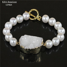 Pulseira de pedra drusa de cristal natural feminina, bracelete branco e redondo de quartzo com contas de pérola elástica para mulheres 2024 - compre barato