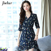 Jielur Vintage Women Dress Floral Print Half-sleeve V-neck Casual Dress Buttons Fashion Brief Summer Hipster Elastic Waist Dress 2024 - buy cheap