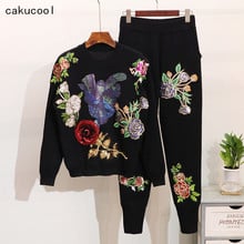 Cakucool-Conjunto de punto de dos piezas para mujer, traje de punto de alta calidad con cuentas, manga larga, cuello redondo, brillante, 3D, Floral, novedad de otoño 2024 - compra barato