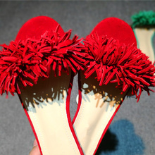 Zapatillas de cuero con flecos rojos para mujer, Chanclas de gladiador para playa, zapatos planos de lujo 2024 - compra barato