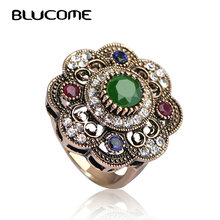 Blucome Vintage Round Green Flower Ring Antique Gold-color Crystal Resin Rings For Women Party Turkish Metal Jewelry Anel Anillo 2024 - buy cheap