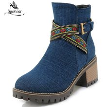 Sgesvier Autumn Women's Fashion Denim Side Zipper Ankle Boots Square High Heel Round Toe Shoes Black Blue Short Boots OX928 2024 - buy cheap