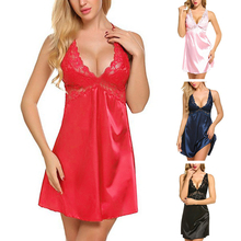 Women Deep V-Neck Backless Nightgown Floral Lace Satin Bowknot Sleepwear Pajamas 2024 - buy cheap