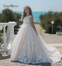 Потрясающее платье принцессы для свадьбы, белые кружевные платья с 3D цветочной аппликацией для первого причастия, наряды для конкурса, платья 2024 - купить недорого