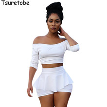 Tsuretobe New Fashion White Crop Top and Skirt Set Half Sleeve Sexy 2 Piece Set Women Slash Neck Bodycon Two Piece Set Female 2024 - buy cheap