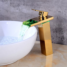 Grifo LED para lavabo de baño, grifería de cascada de un solo orificio, mezclador de lavabo de oro frío y caliente, color dorado/rosa 2024 - compra barato