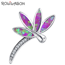 Rolilason colar pingente de festa feminino op811, joia com estampa de libélula desenho rosa opala de fogo, cor prata 2024 - compre barato