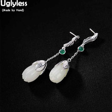 Uglyless 100% Real Solid 925 Silver Magnolia Flower Earrings for Women Handmade Lotus Leaf Fine Jewelry Natural Jade Earrings 2024 - buy cheap