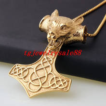 High Quality Gold  Stainless Steel Wolf Head Thor Hammer Pendant Necklace Biker Boys Mens Fashion Jewelry 24" Chain 2024 - buy cheap