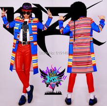 Men's New Bar Nightclub Singer Korean Male Dj Right Zhi-long Blue Coat Color Stripe Long Costume Coat Costumes Clothing Dress 2024 - buy cheap