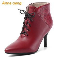 2019 New Winter Women Ankle Boots High Thin Heels Pointed Toe Lace-Up Sexy Ladies Women Shoes Wine red Warm Boots Big Size 33-46 2024 - buy cheap